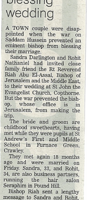 War prevents bishop blessing wedding